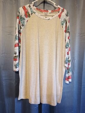 Neutral Raglan Tunic with Festive Red Truck Sleeves
